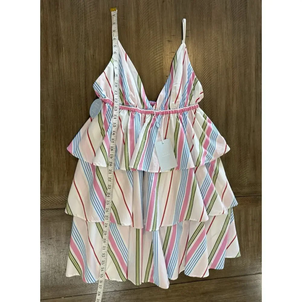 NWT HILL HOUSE Rainbow Stripe Ruffle Tiered Babydoll Gigi Mini Dress Size XL NEW